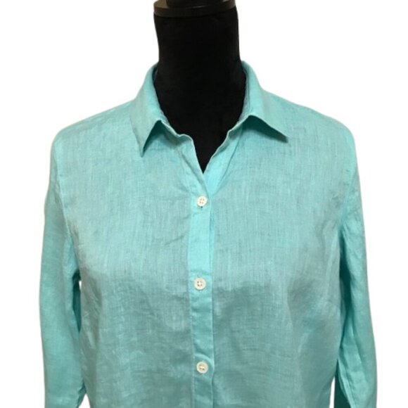 J.Jill Love Linen Women's 100% Linen Aqua Button Down Tunic Blouse Size Small - Picture 3 of 11